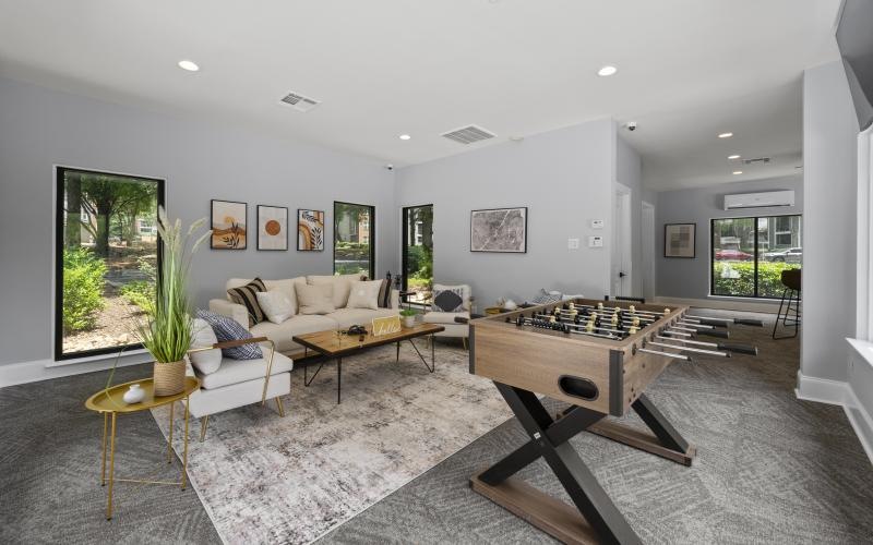 a living room with a large glass door